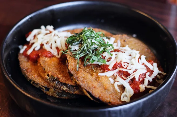 Crispy eggplant with marinara and fresh basil