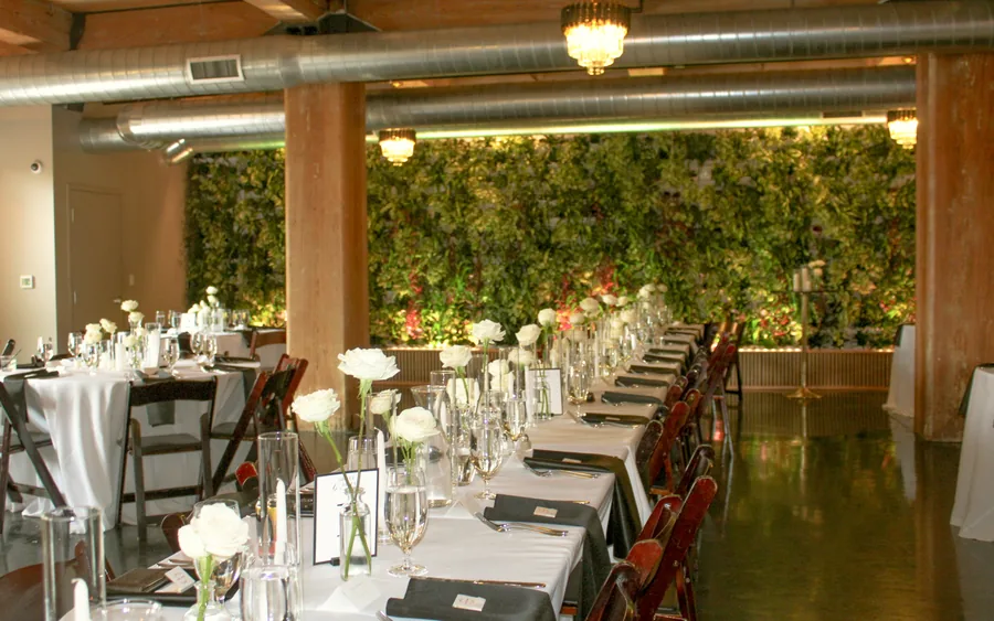 A long head table set with white roses in front of a living green wall
